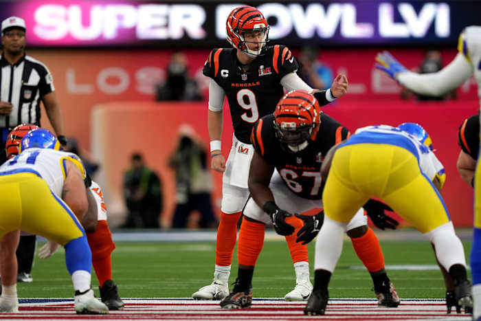 Joe Burrow lines up for the Bengals vs. the Rams in Super Bowl LVI